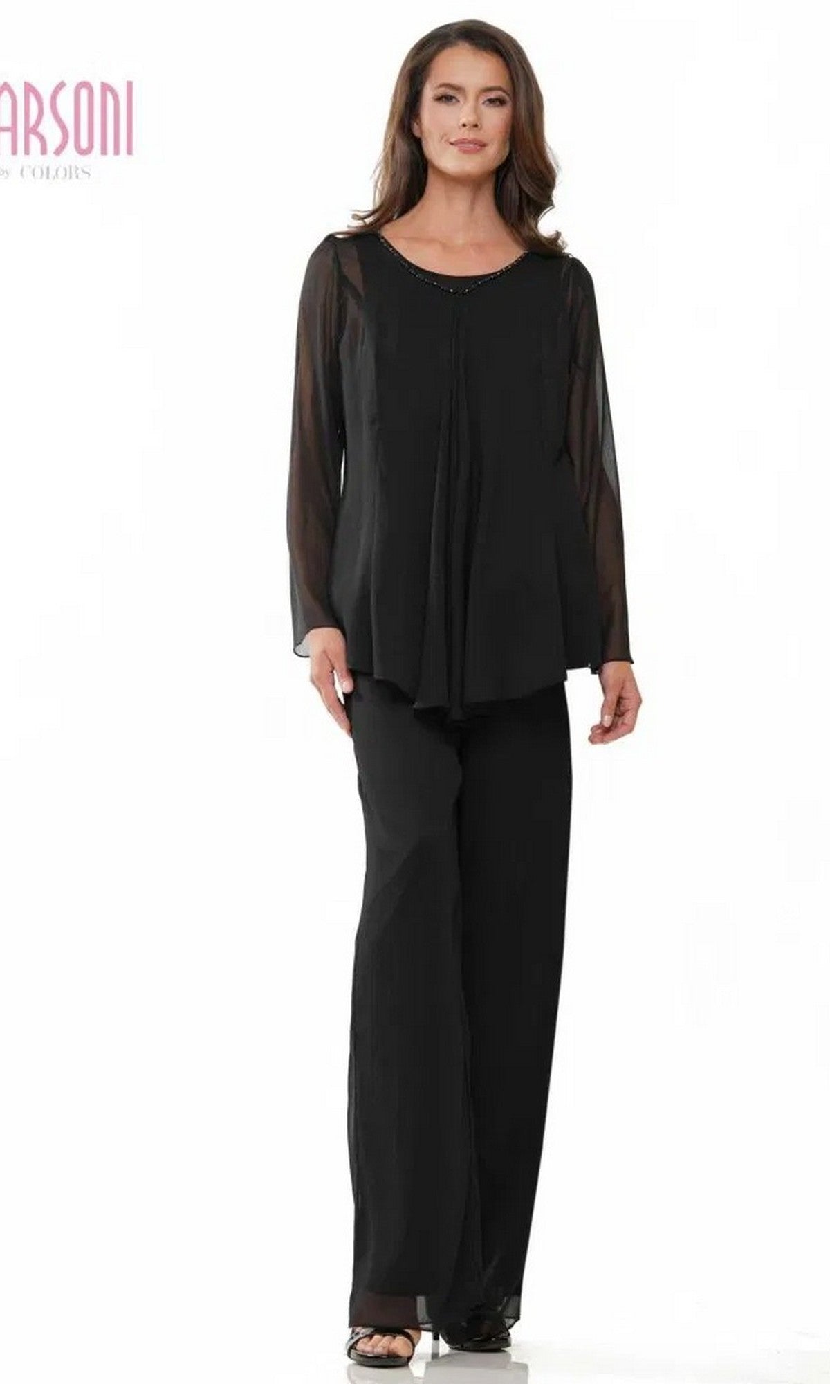 A woman faces forward wearing the Marsoni M304 Long Formal Pantsuit in black, featuring a loose fit with a sheer long-sleeve top and wide-leg pants.